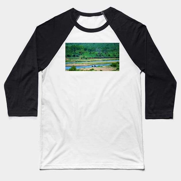 A Couple of Hippos and a Herd of Elephants on the Crocodile River Baseball T-Shirt by Fitra Design